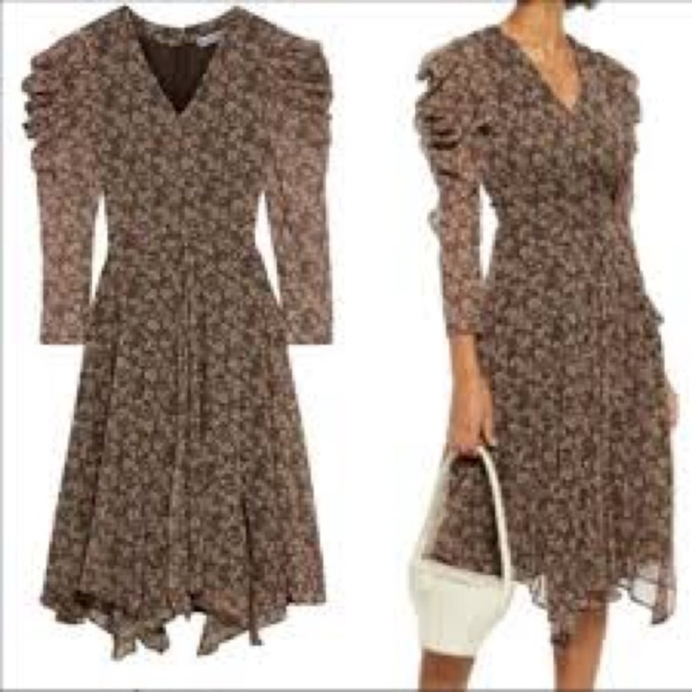 WALTER BAKER Abby Floral Chiffon Midi Dress Cottagecore Long Sleeve Brown Pink 8